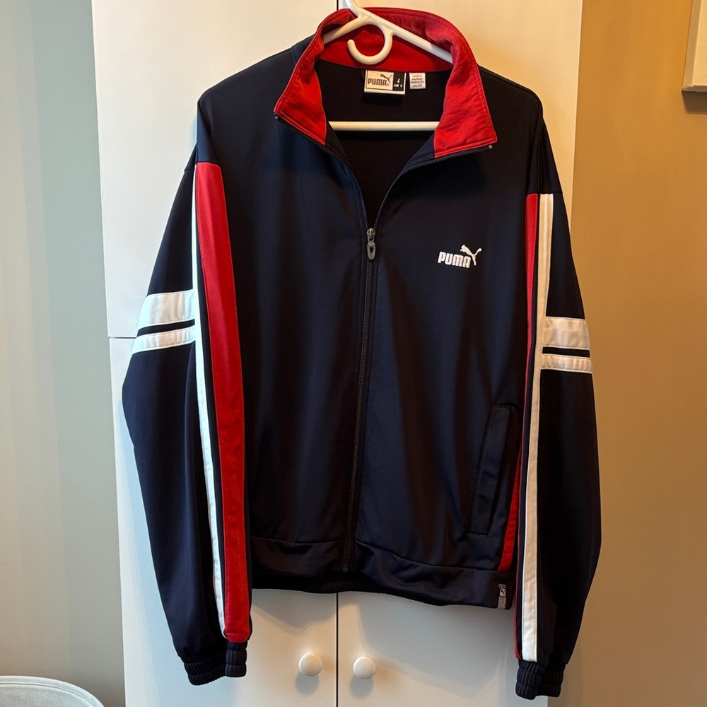Puma Men's Navy Blue LARGE Full Zip Track Jacket with Red and White Accents